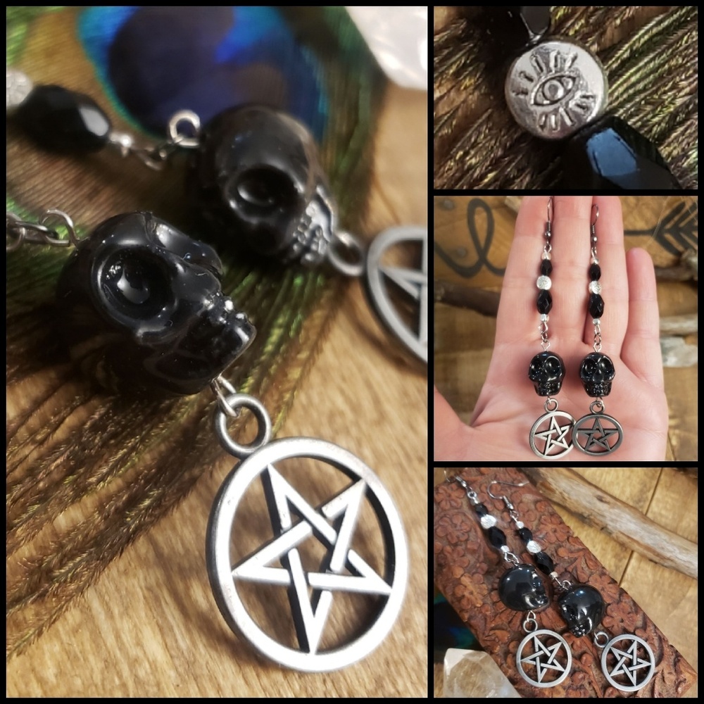 Witchy Pentagram earrings Black Crystal Skull earrings Evil Eye earrings Occult
